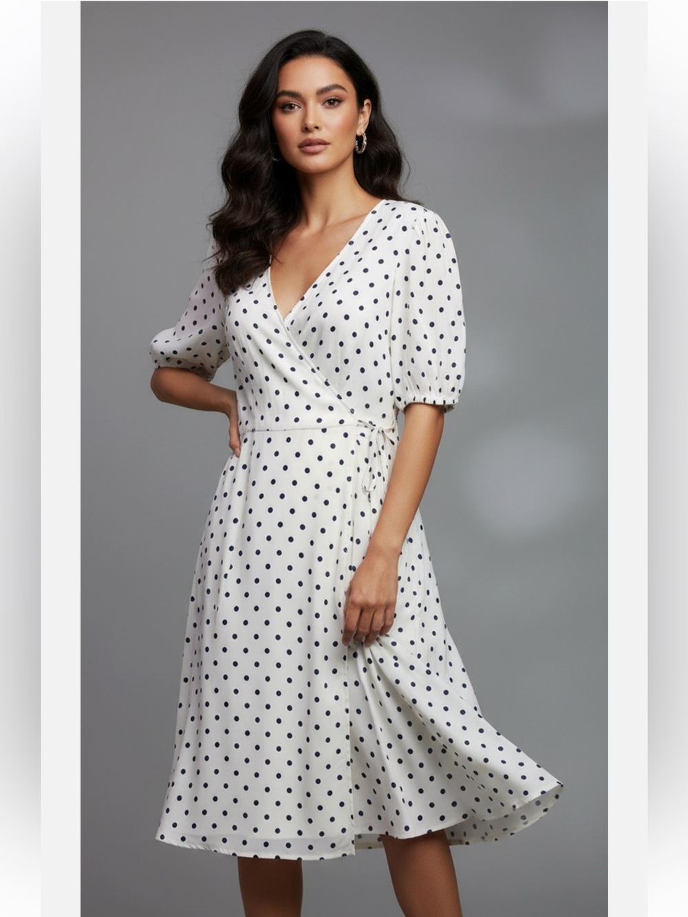 A New Day 100% Rayon White Black Polka Dot Faux Wrap Midi Dress Small